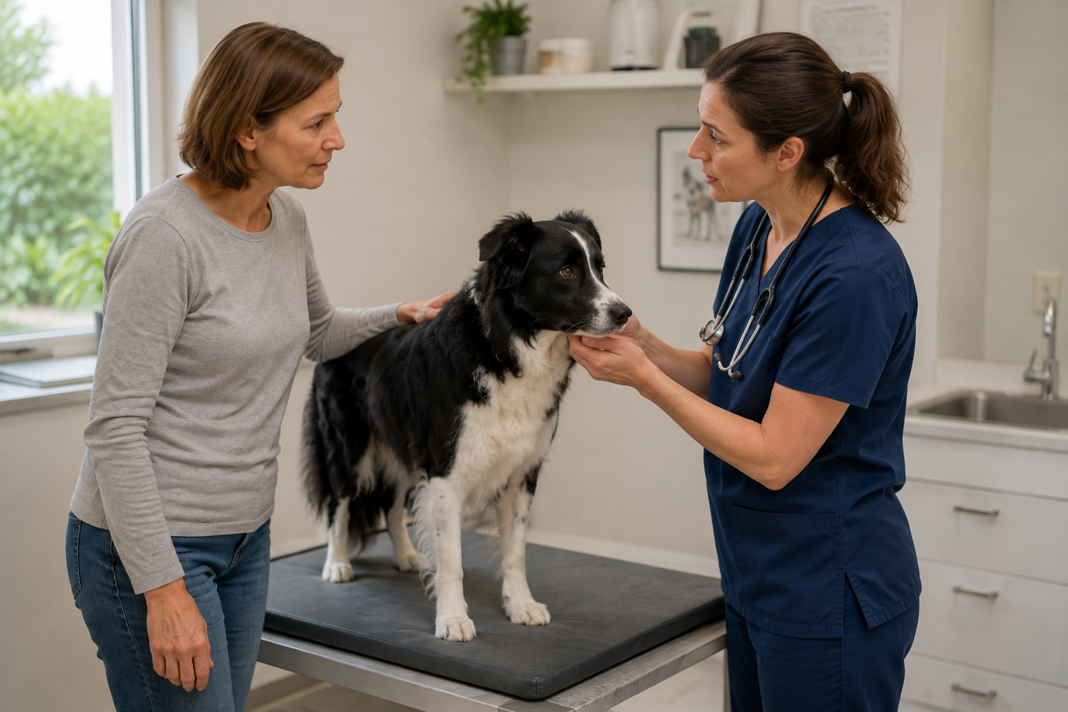 Majitelka konzultuje s veterinářem změny chování své starší border kolie